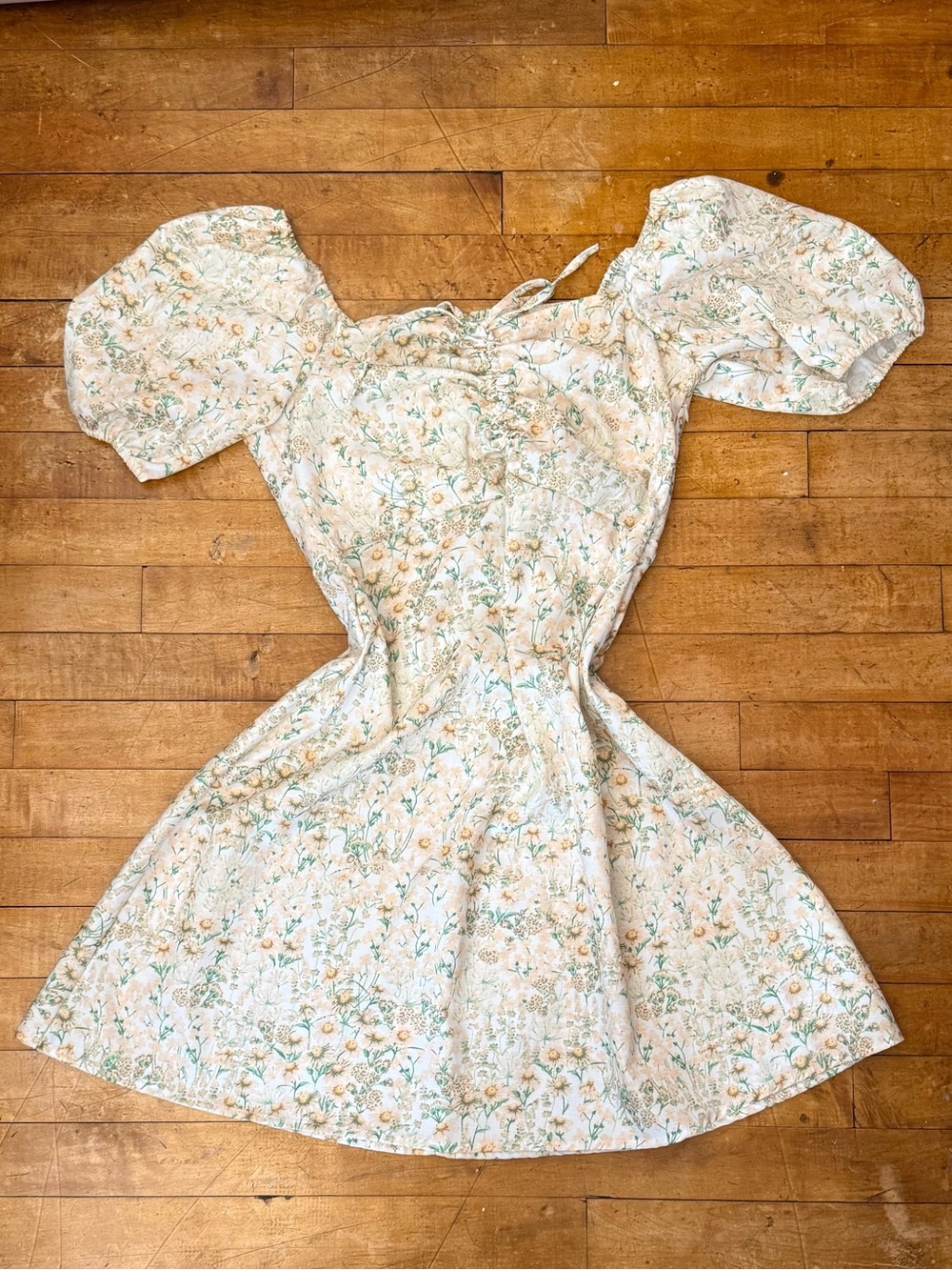 Floral Puff-Sleeve Summer Dress — Cream with Green & Soft Yellow Flowers